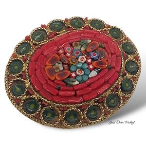 1.5" Micro Mosaic Italian Glass Brooch Pin Red Green Millefleurs‎